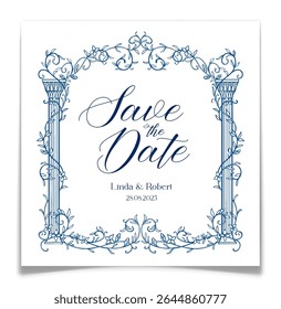 Elegante salve o cartão de data com azul gravado arco de videira com vintage colunas coríntias. Quadro estilo Toile de jouy com letras manuscritas. Convite para celebração do casamento. Ilustração vetorial.