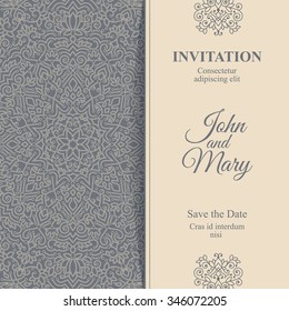 Elegant Save the Date card design. Vintage floral invitation card template. Luxury swirl mandala greeting card.