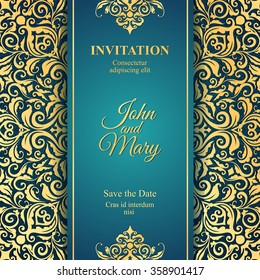 Elegant Save the Date card design. Vintage floral invitation card template. Luxury swirl greeting card.