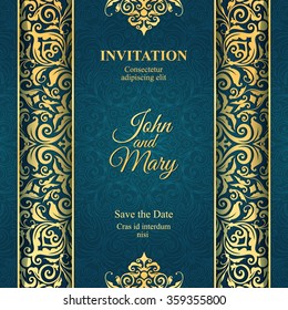 Elegant Save the Date card design. Vintage floral invitation card template. Luxury swirl greeting card.