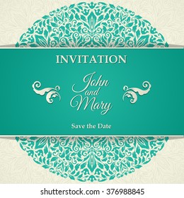 Elegant Save The Date card design. Vintage floral invitation card template. Luxury swirl greeting card.