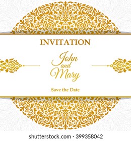 Elegant Save the Date card design. Vintage floral invitation card template. Luxury swirl mandala greeting card.