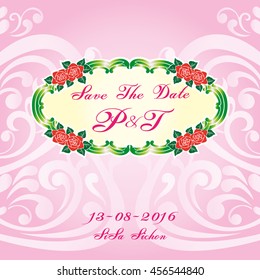 Elegant Save The Date card design. Vintage floral invitation card template. Luxury swirl greeting card.