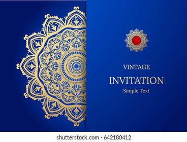 Elegant Save The Date card design. Vintage floral invitation card template. Luxury swirl mandala greeting  gold and blue card