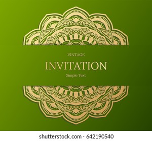 Elegant Save The Date card design. Vintage floral invitation card template. Luxury swirl mandala greeting  gold and green card