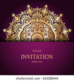 Elegant Save The Date card design. Vintage floral invitation card template. Luxury swirl mandala greeting card, gold, purple