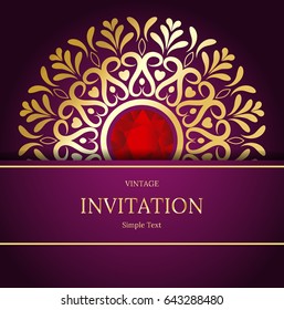 Elegant Save The Date card design. Vintage floral invitation card template. Luxury swirl mandala greeting card, gold, purple