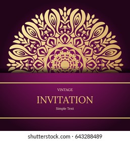 Elegant Save The Date card design. Vintage floral invitation card template. Luxury swirl mandala greeting card, gold, purple