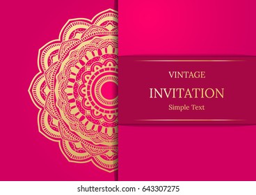 Elegant Save The Date card design. Vintage floral invitation card template. Luxury swirl mandala greeting card, gold, pink
