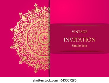 Elegant Save The Date card design. Vintage floral invitation card template. Luxury swirl mandala greeting card, gold, pink