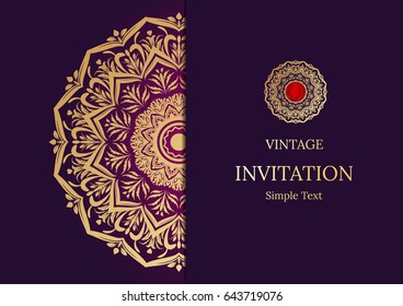 Elegant Save The Date card design. Vintage floral invitation card template. Luxury swirl mandala greeting card, gold, purple