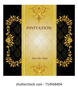 Elegant Save the Date card design. Vintage floral invitation card template. Luxury swirl greeting card.