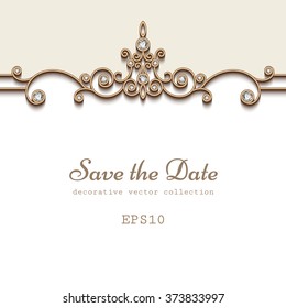 Elegant save the date card with jewelry diamond decoration, vintage wedding invitation or announcement template, eps10 vector illustration