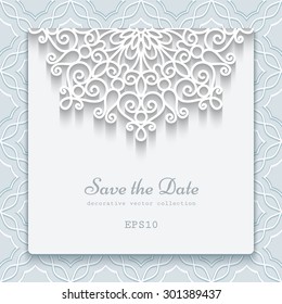Elegant save the date card with lace decoration, vintage wedding invitation or announcement template, vector illustration. eps10