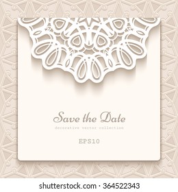 Elegant save the date card with lace decoration, vintage wedding invitation or announcement template, eps10 vector illustration