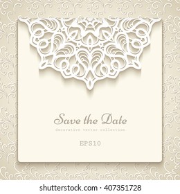 Elegant save the date card with lace decoration, vintage wedding invitation or announcement template, eps10 vector illustration