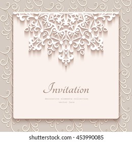 Elegant save the date card with lace decoration, vintage wedding invitation or announcement template, eps10 vector illustration