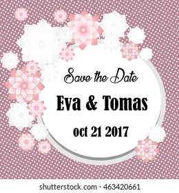 Elegant save the date card with original frame on retro background. Vintage wedding invitation or announcement template. Vector illustration