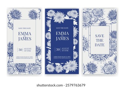 Elegant "Save the Date" cards with intricate blue chrysanthemum floral designs on white and navy backgrounds. Perfect for wedding invitations, event announcements, greeting cards, and formal occasions