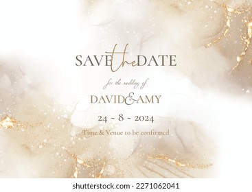 Elegant save the date invitation with hand painted alcohol ink design and gold elements