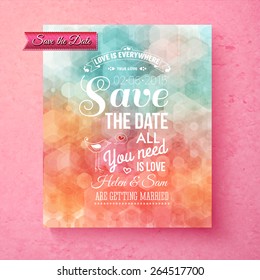 Elegant Save The Date wedding template with a geometric hexognal bokeh over muted blue and orange hues with white text and an inspirational message of Love, vector illustration