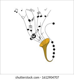 An elegant saxophone plays a tune around a note. The enchanting sounds of jazz fly in the air. Vector illustration hand drawing