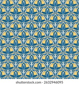 Elegant scaly art seamless pattern. Overlapping art forms, stripes, polygons, segments are grouped and arranged in a certain order. Vector. 
