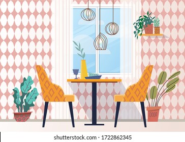 Elegant scandinavian Dining or cafe interior in flat style on white background. Modern space style. Bright interior. Flat design illustration. Living room interior. Modern contemporary kitchen room 