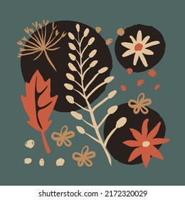 Elegant Scandinavian floral vector illustration in trendy doodle style. Trendy hand drawn botany illustration with flower, blossom, fern, leaf, spots, dots. Stylish t shirt print, interior art, card