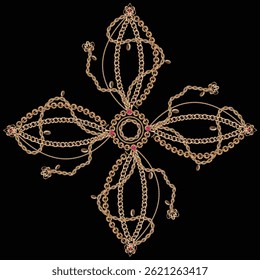 Elegant scarf frame design vector illustration featuring gold chain, gold pearl, braid, gold ring, belt, ruby, chain circle. For fashion, textile prints, silk scarves, and accessories.