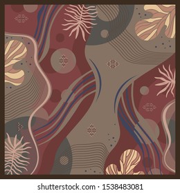 Elegant scarf pattern design with artistic floral element on brown and red color