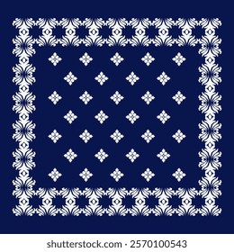 Elegant scarf pattern design. Hijab motif ornament, fabric kerchief vector wallpaper, Ornamental paisley graphic for a bandana, Geometric ornament with frame and border. Line art, lace, embroidery