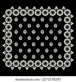 Elegant scarf pattern design. Hijab motif ornament, fabric kerchief vector wallpaper, Ornamental paisley graphic for a bandana, Geometric ornament with frame and border. Line art, lace, embroidery