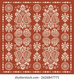 Elegant scarf pattern design. Hijab motif ornament, fabric kerchief vector wallpaper, Ornamental paisley graphic for a bandana, Geometric ornament with frame and border. Line art, lace, embroidery