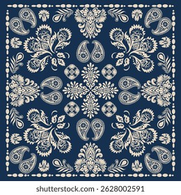 Elegant scarf pattern design. Hijab motif ornament, fabric kerchief vector wallpaper, Ornamental paisley graphic for a bandana, Geometric ornament with frame and border. Line art, lace, embroidery