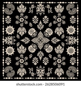 Elegante diseño de patrón de bufanda. Adorno de motivo de hijab, Fondo de pantalla de Vector de pañuelo de tela, Gráfico paisley ornamental para una bandana, Adorno geométrico con marco y borde. Arte de línea, encaje, bordado