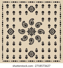 Elegante diseño de patrón de bufanda. Adorno de motivo de hijab, Fondo de pantalla de Vector de pañuelo de tela, Gráfico paisley ornamental para una bandana, Adorno geométrico con marco y borde. Arte de línea, encaje, bordado