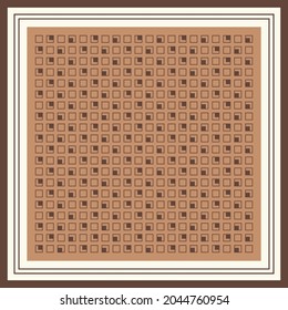 Elegant scarf pattern with square geometry design on brown color background. Trendy silk scarves