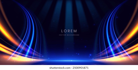 Elegant scene blue glowing line with orange lighting effect sparkle on black background. Template premium award design. Vector illustration