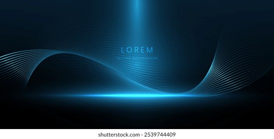 Elegant scene light blue glowing wave lines with lighting effect sparkle on blue background. Vector illustration