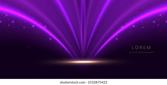 Elegant scene purple glowing curved ray motion lighting effect sparkle on dark purple background. Luxury design style. Vector illustration