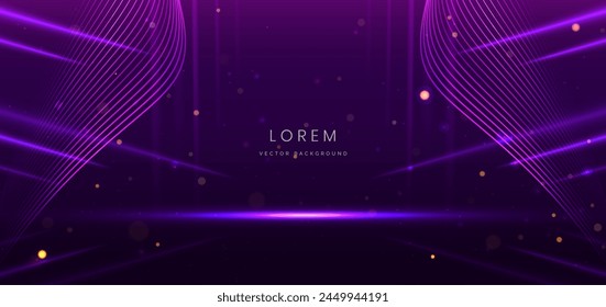 Elegant scene purple glowing lighting sparkle on dark purple background. Luxury design style. Vector illustration