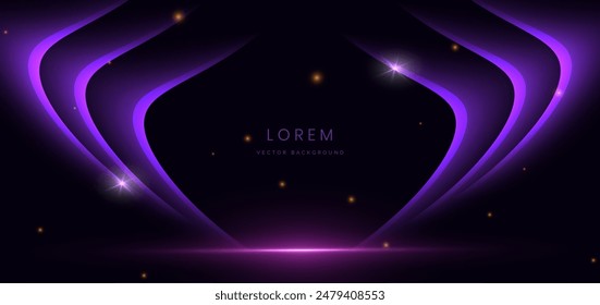 Elegant scene purple glowing lighting sparkle on dark purple background. Luxury design style. Vector 