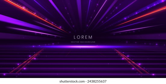 Elegant scene purple glowing motion lighting effect sparkle on dark purple background. Vector illustration