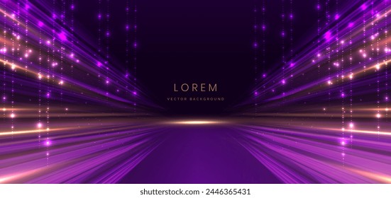 Escena elegante púrpura brillante efecto de iluminación de movimiento destello sobre fondo púrpura oscuro. Diseño de lujo. Ilustración vectorial