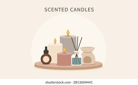 Elegant scented candles set with essential oil diffuser on wooden tray, representing aromatherapy, home spa, and relaxation.