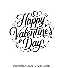 Elegant script calligraphy typography design with romantic ornaments and hearts. Classic black and white lettering perfect for Valentine’s Day invitations, greeting cards, posters, wedding and anniversary designs. High quality editable vector.