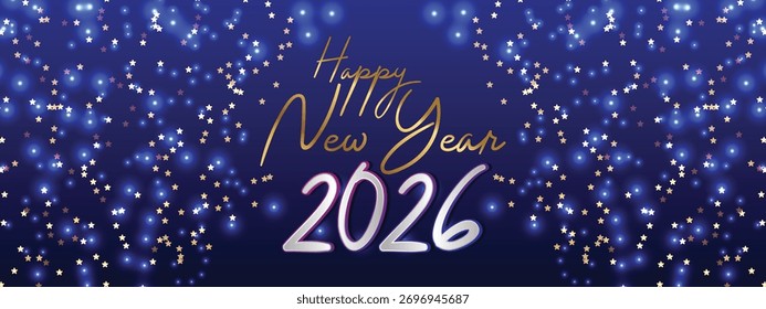 Elegant Script Happy New Year 2026 Blue Lights Banner