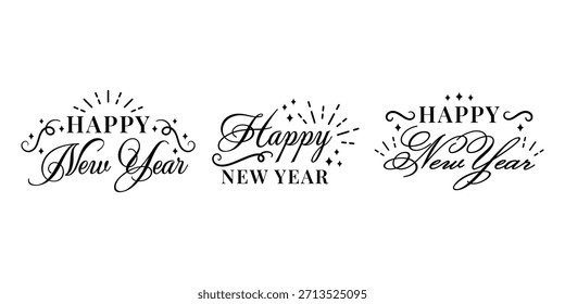 Elegant script happy new year typography with classic decorative details perfect for luxury greetings invitations branding and refined holiday designs