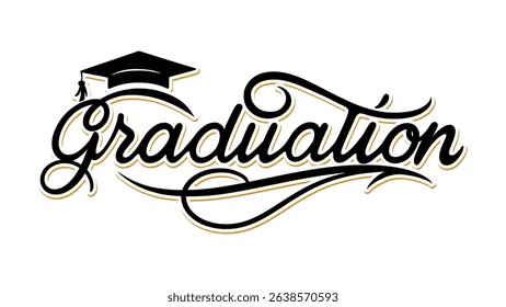 Elegant script lettering of the word “Graduation” with cap icon. Vector design perfect for invitations, apparel, and celebration graphics.